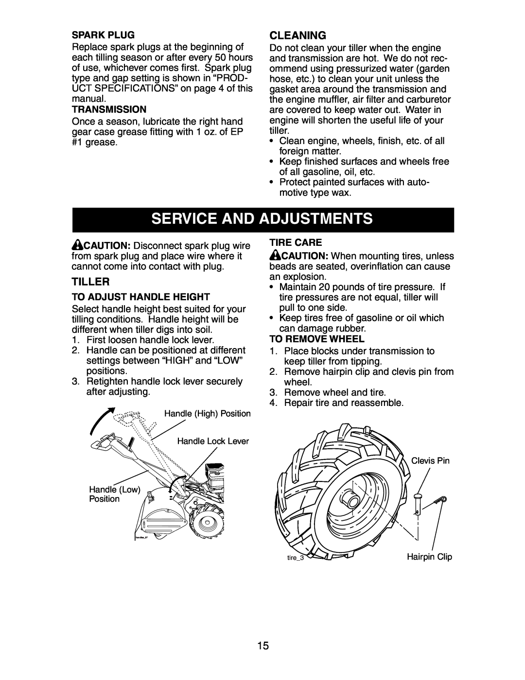 Sears 917.29425 Service And Adjustments, Cleaning, Tiller, Spark Plug, Transmission, To Adjust Handle Height, Tire Care 