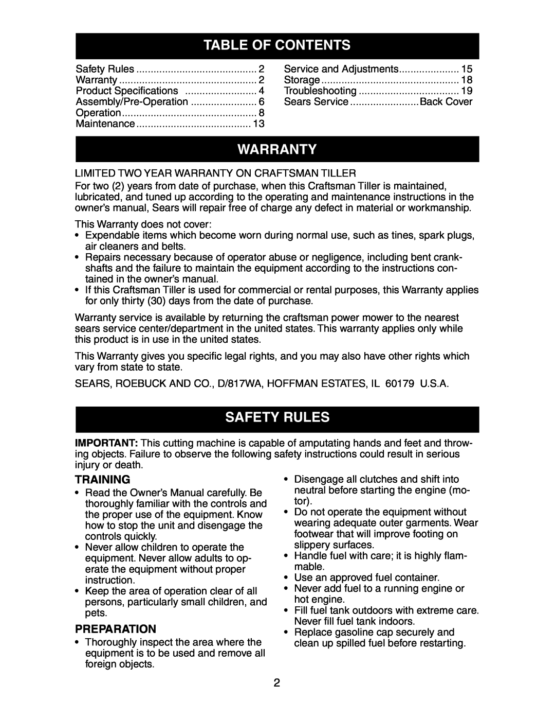 Sears 917.29425 owner manual Table Of Contents, Warranty, Safety Rules, Training, Preparation 