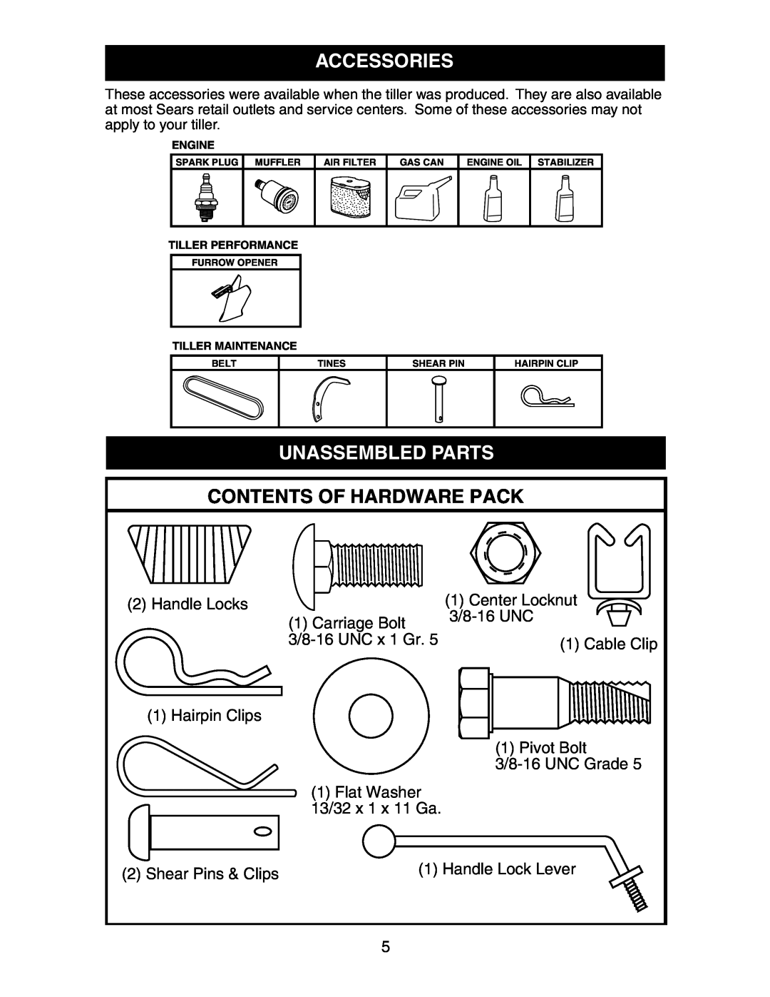 Sears 917.29425 owner manual Accessories, Unassembled Parts, Contents Of Hardware Pack 