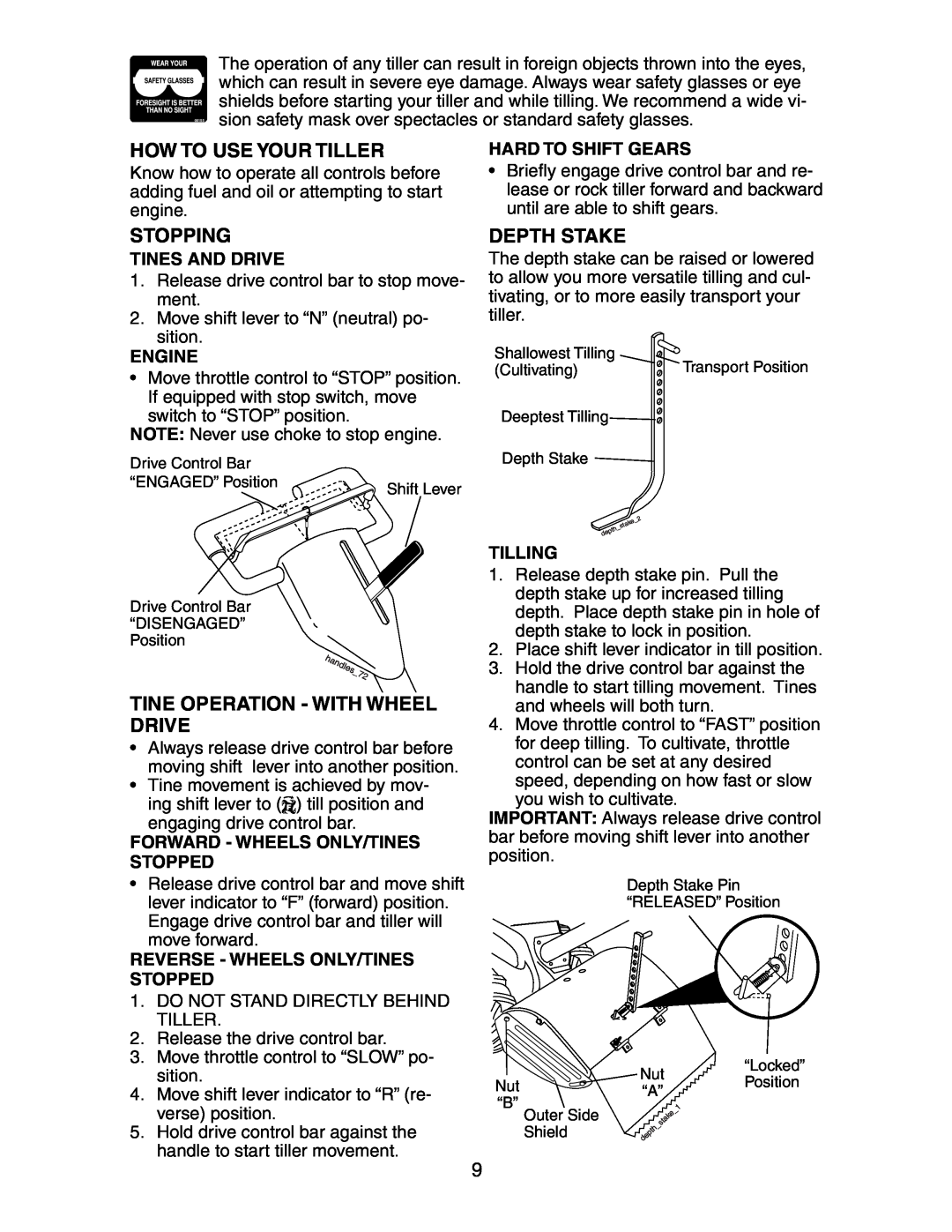 Sears 917.29425 How To Use Your Tiller, Stopping, Tine Operation - With Wheel Drive, Depth Stake, Hard To Shift Gears 
