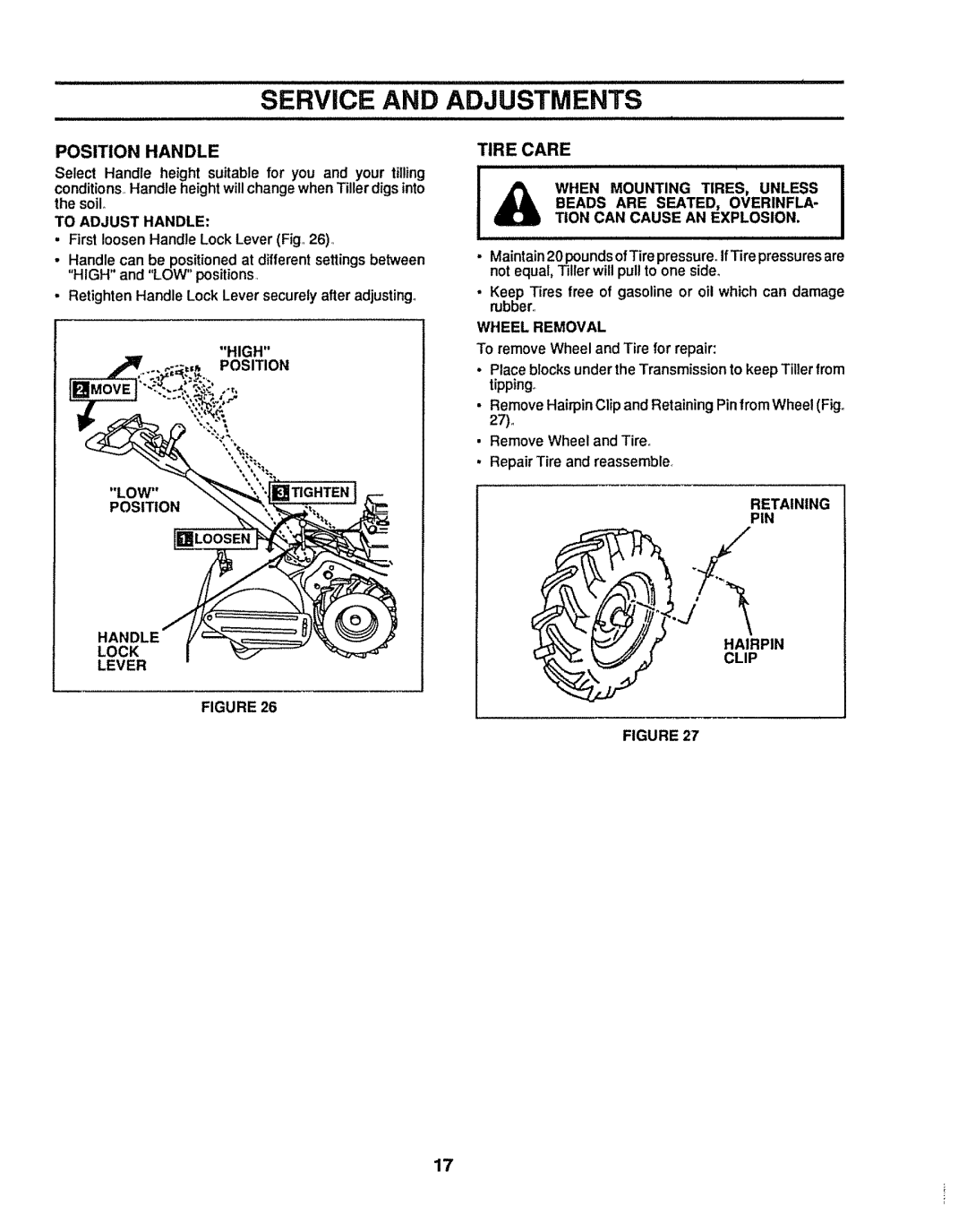 Sears 917.299642 owner manual Service and Adjustments, Position Handle, Tire Care 