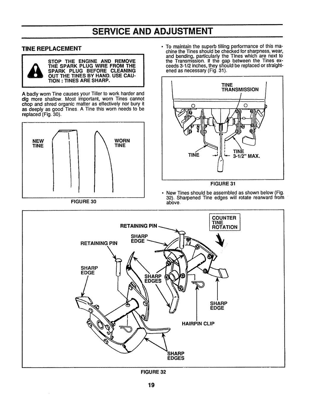 Sears 917.299642 owner manual Service and Adjustment, Tine Replacement 