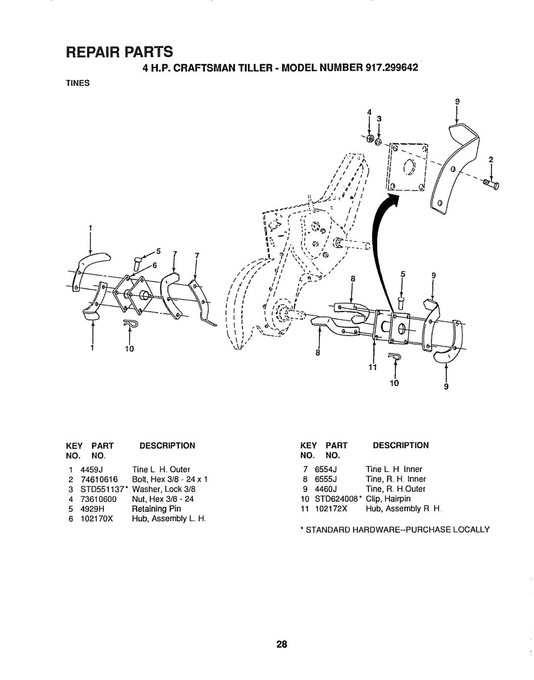 Sears 917.299642 owner manual Tines, 6555J Tine, R. H. Inner, 4460J Tine, R H,Outer, Clip, Hairpin 