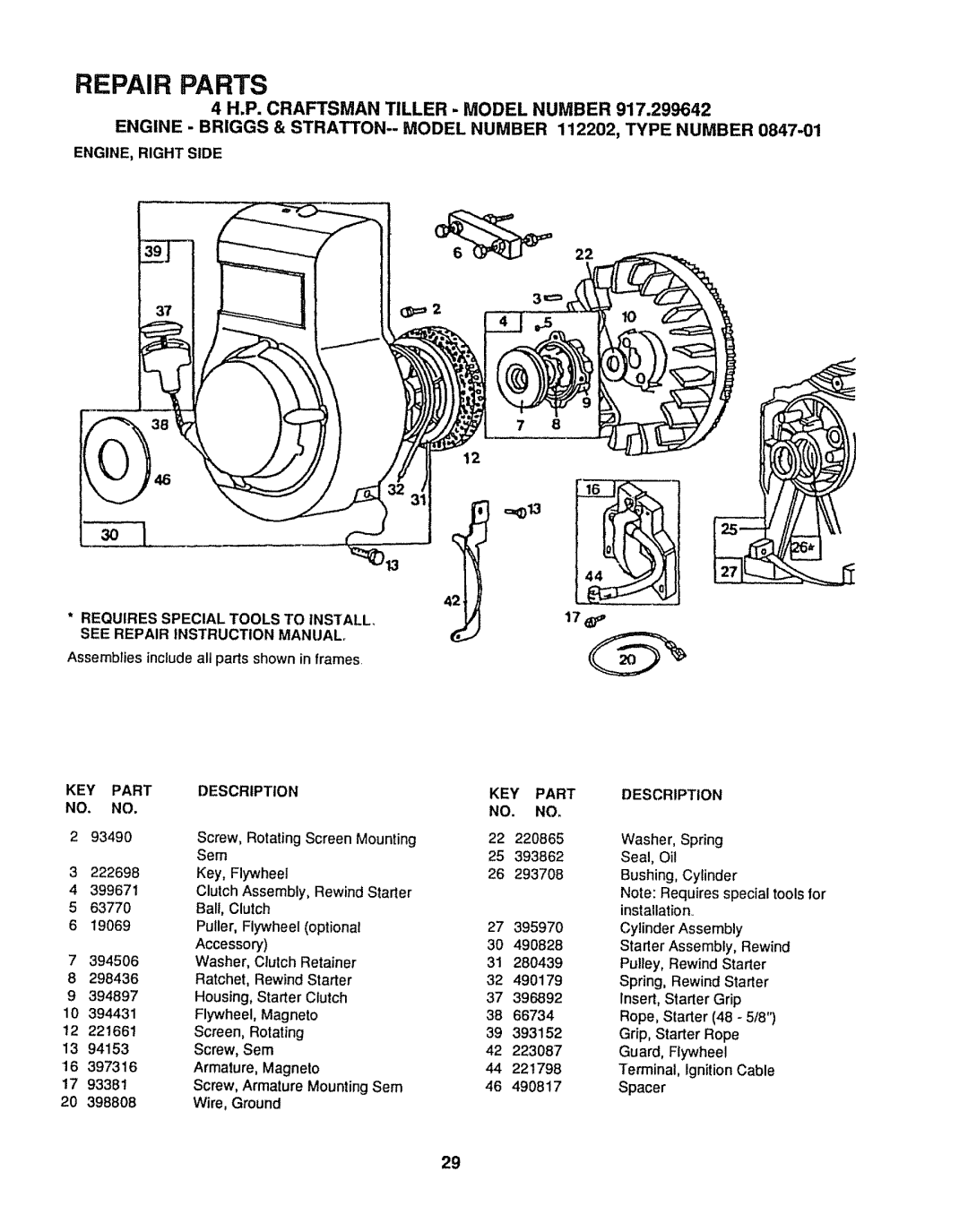Sears 917.299642 owner manual Ball, Clutch Installation, 94153, 223087 