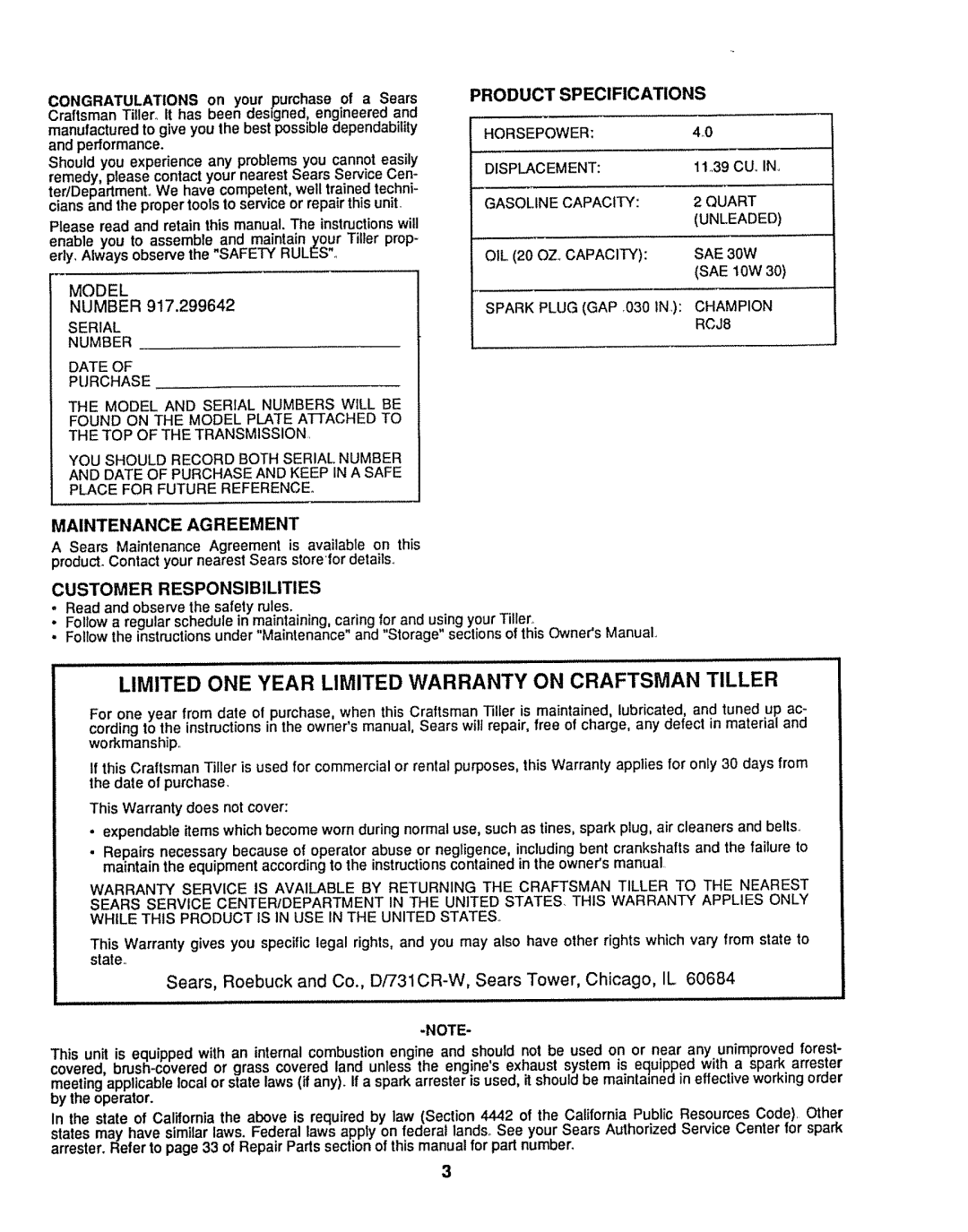 Sears 917.299642 owner manual Product Specifications, OIL 20 OZ. Capacity, Maintenance Agreement, Workmanship 