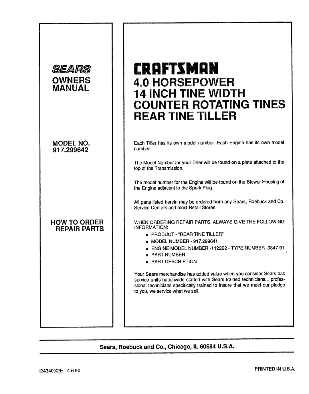 Sears 917.299642 owner manual £RRFTXMaN, Part Description 