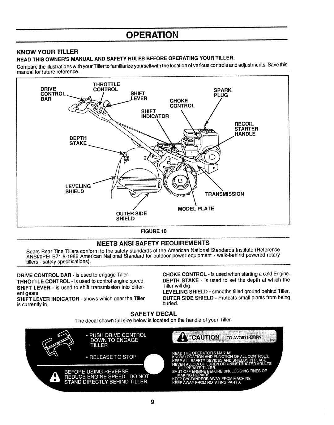 Sears 917.299642 owner manual Safety Decal, Depth, Stake Leveling Shield, Model Plate, Meets ANS! Safety Requirements 