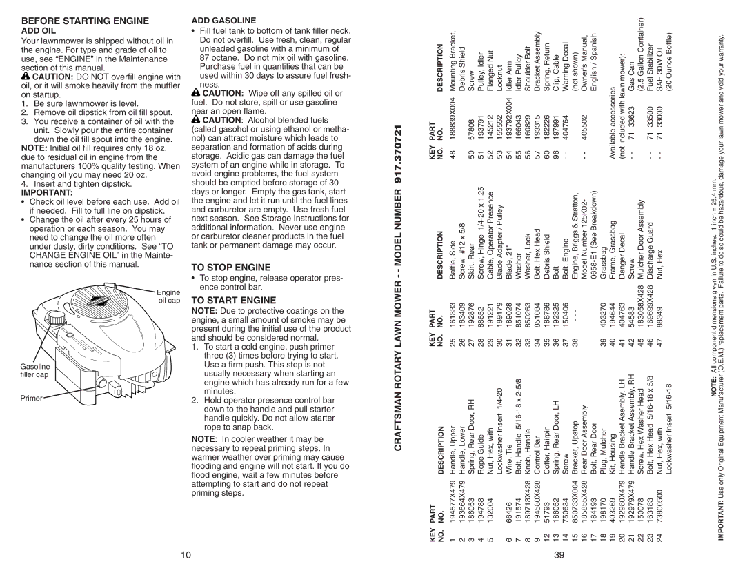 Sears 917.370721 owner manual Before Starting Engine, To Stop Engine, To Start Engine, Model Number, Lawn Mower 