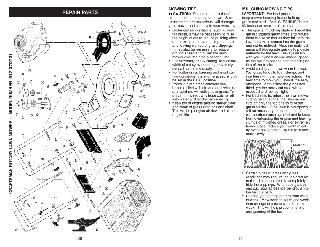 Sears 917.370721 owner manual Repair Parts, Mulching Mowing Tips 