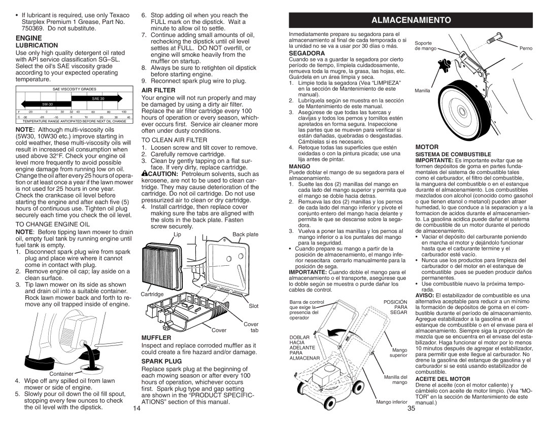 Sears 917.370721 owner manual Almacenamiento, Engine 