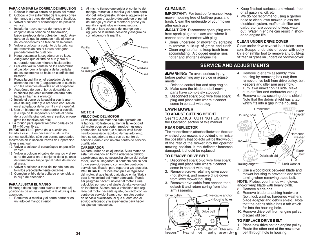 Sears 917.370721 owner manual Service and Adjustments, Cleaning 