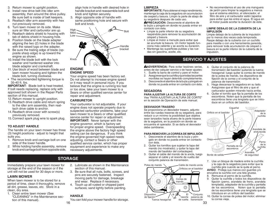 Sears 917.370721 owner manual Servicio Y Ajustes, Storage 