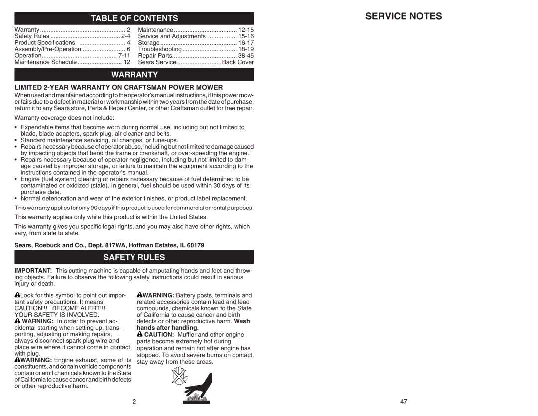 Sears 917.370721 owner manual Table of Contents, Warranty, Safety Rules 