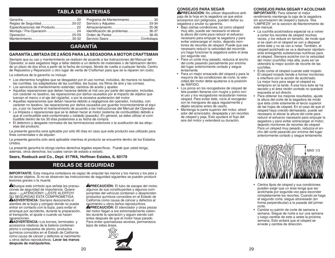 Sears 917.370721 owner manual Tabla DE Materias, Garantía, Reglas DE Seguridad, Consejos Para Segar Y Acolchar 