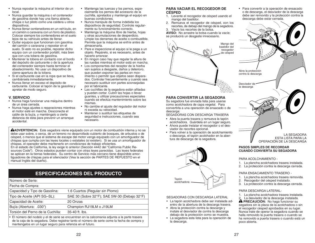 Sears 917.370721 Especificaciones DEL Producto, Para Vaciar EL Recogedor DE Césped, Servicio, Para Convertir LA Segadora 