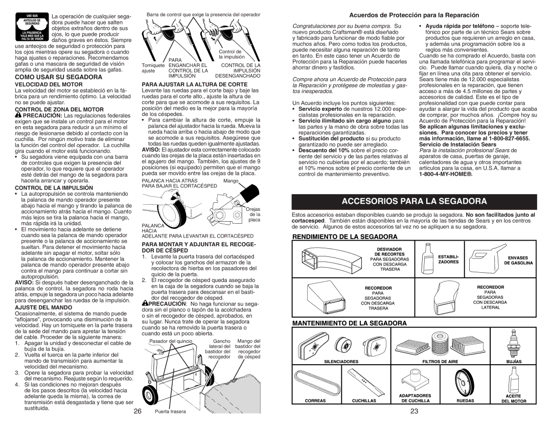 Sears 917.370721 owner manual Accesorios Para LA Segadora, Acuerdos de Protección para la Reparación, Como Usar SU Segadora 