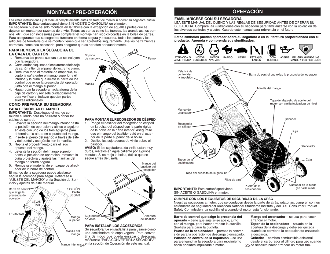 Sears 917.370721 owner manual Montaje / PRE-OPERACIÓN, Operación, Familiaricese CON SU Segadora, Como Preparar SU Segadora 