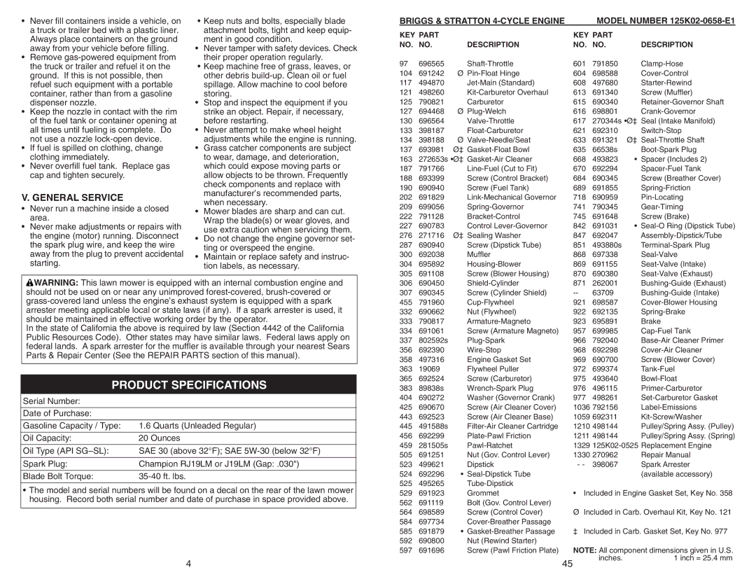 Sears 917.370721 Product Specifications, General Service, Briggs & Stratton 4-CYCLE Engine, Model Number 125K02-0658-E1 