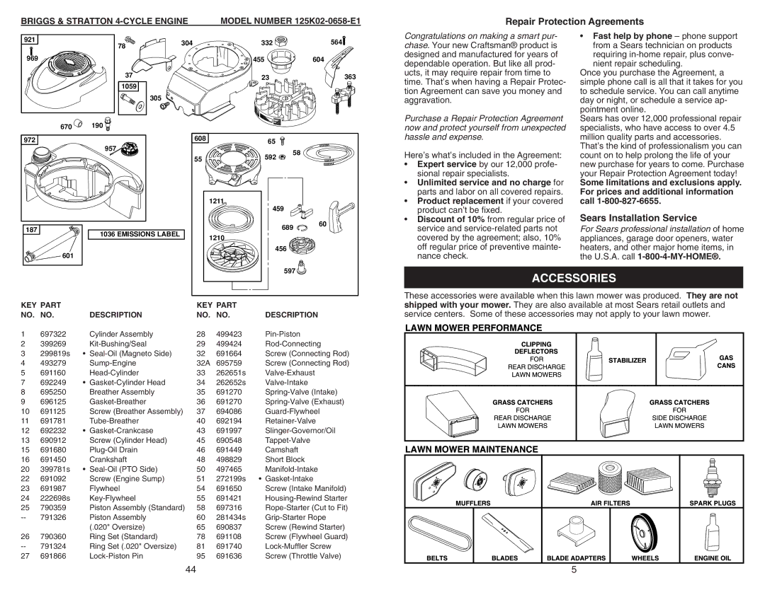 Sears 917.370721 owner manual Accessories, Here’s what’s included in the Agreement, KEY Part Description 