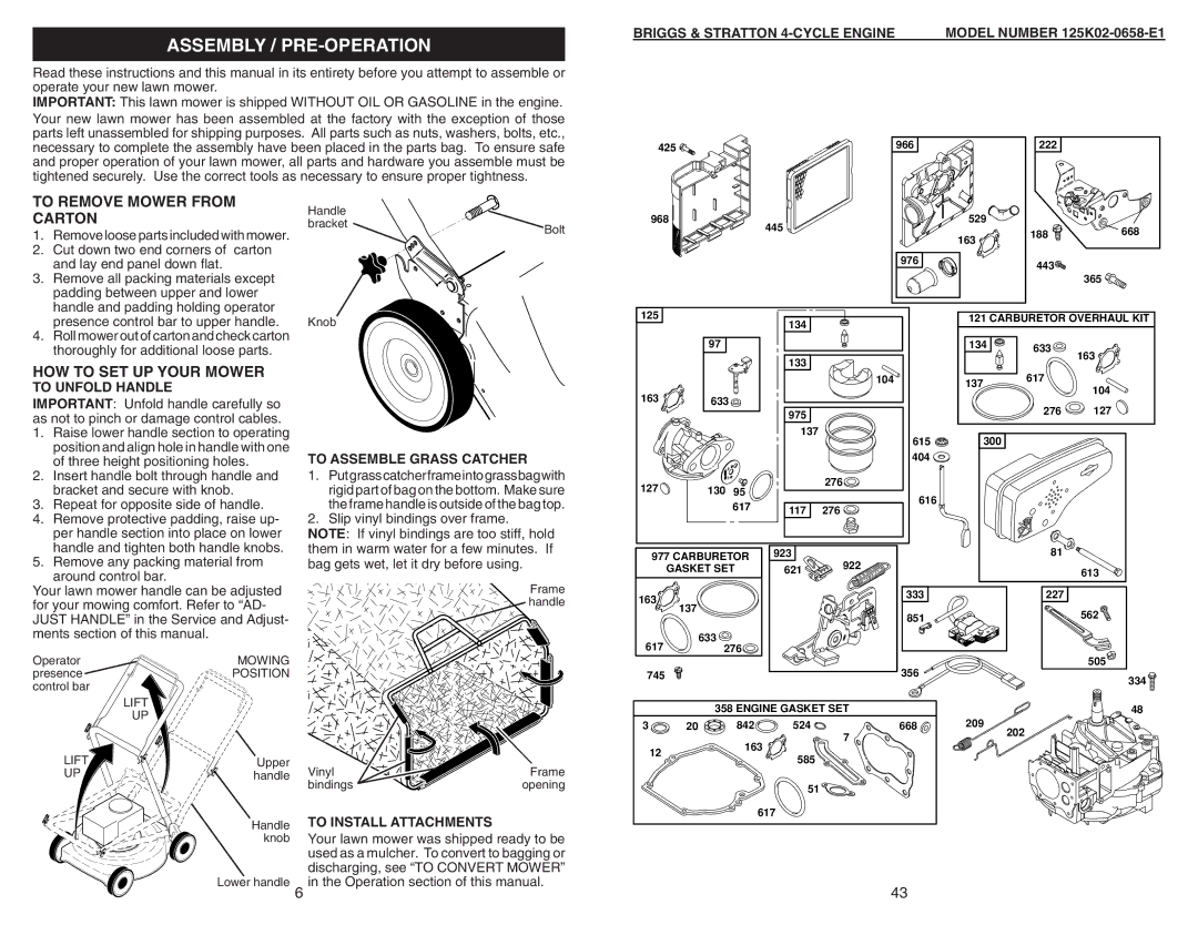 Sears 917.370721 Assembly / PRE-OPERATION, HOW to SET UP Your Mower, To Unfold Handle, To Assemble Grass Catcher 