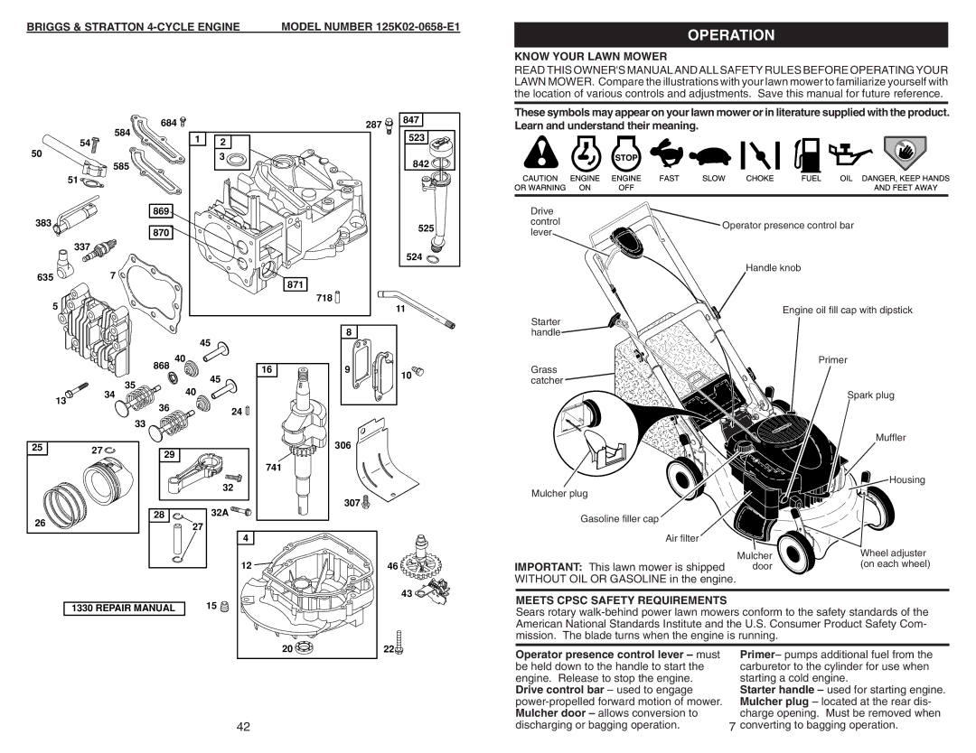 Sears 917.370721 owner manual Operation, Know Your Lawn Mower, Meets Cpsc Safety Requirements 