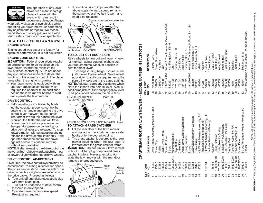 Sears 917.370721 owner manual HOW to USE Your Lawn Mower, Craftsman Rotary Lawn Mower - Model Number 