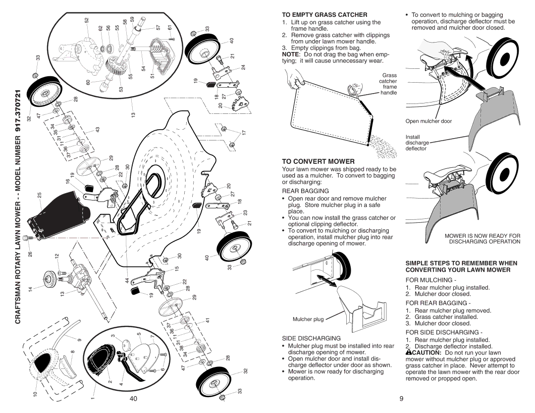 Sears 917.370721 owner manual Lawn Mower - Model Number, To Convert Mower, Craftsman Rotary, To Empty Grass Catcher 