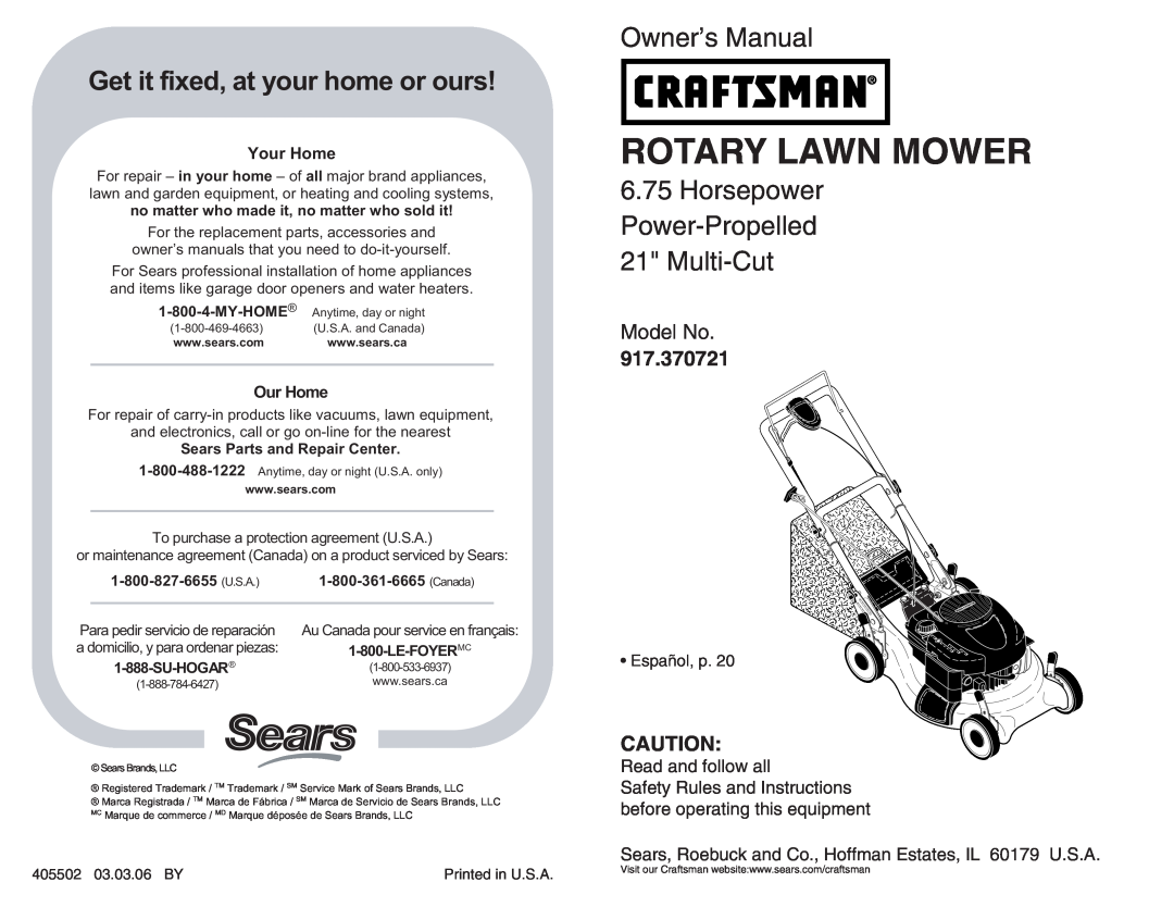 Sears 917.370721 owner manual Rotary Lawn Mower, Get it fixed, at your home or ours, Model No, Read and follow all 