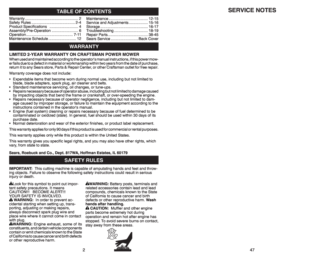 Sears 917.370721 owner manual Service Notes, Table Of Contents, Warranty, Safety Rules 