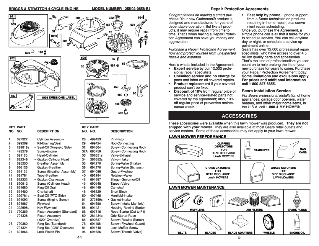 Sears 917.370721 Accessories, Repair Protection Agreements, Sears Installation Service, BRIGGS & STRATTON 4-CYCLE ENGINE 