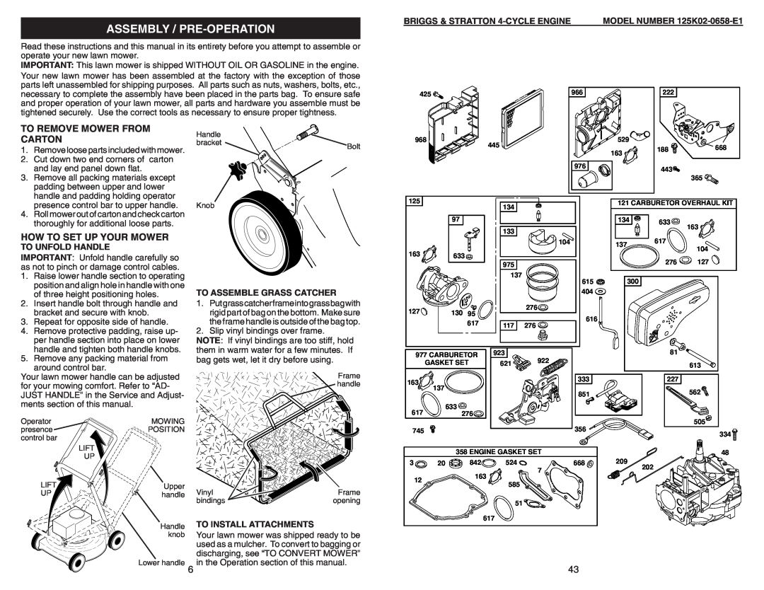 Sears 917.370721 Assembly / Pre-Operation, How To Set Up Your Mower, BRIGGS & STRATTON 4-CYCLE ENGINE, To Unfold Handle 