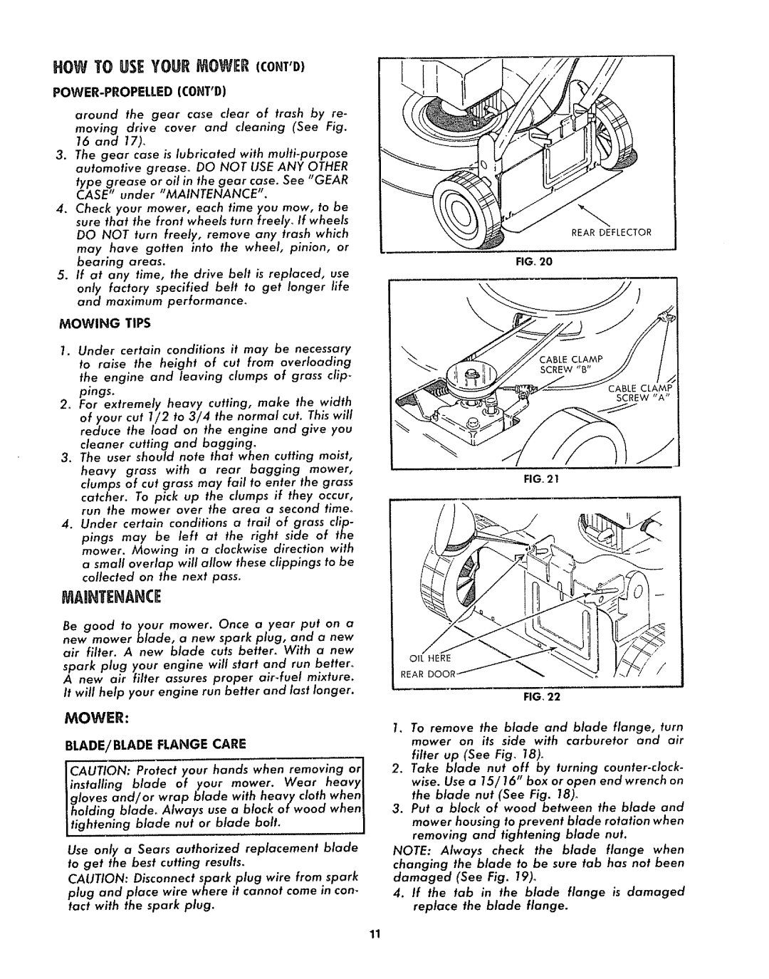 Sears 917.372301 manual Mowing Tips, BLADE/BLADE Flange Care 