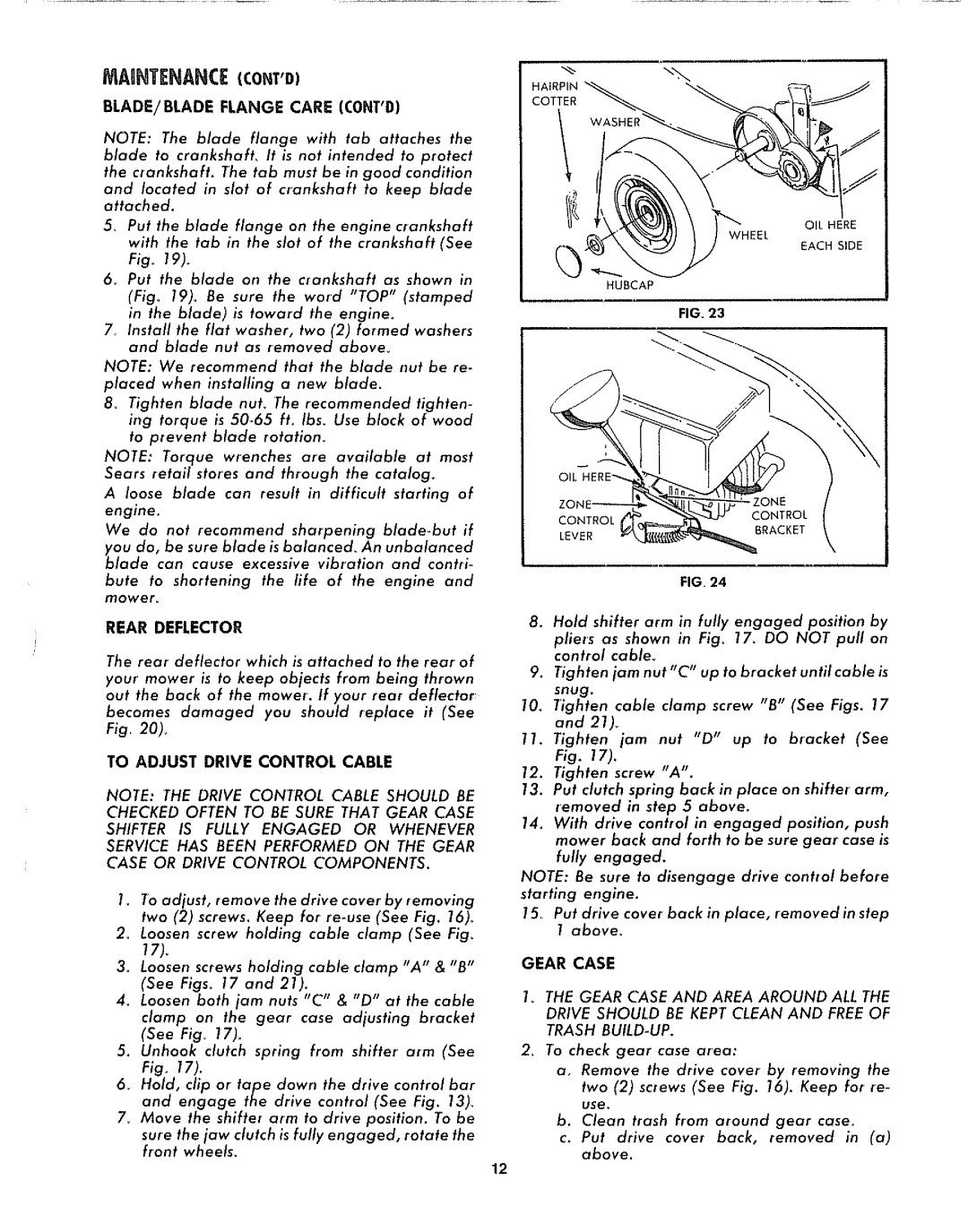 Sears 917.372301 manual BLADE/BLADE Flange Care Contd, To Adjust Drive Control Cable, Gear Case 