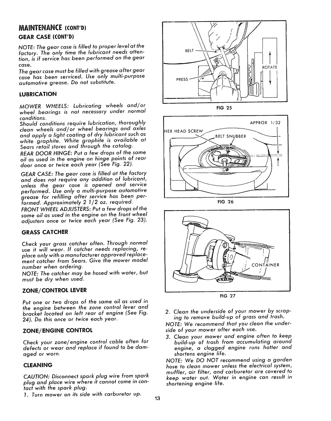 Sears 917.372301 manual Gear Case Contd, Lubrication, Grass Catcher, ZONE/CONTROL Lever, Cleaning 