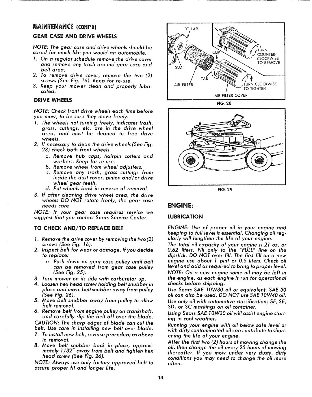 Sears 917.372301 manual Gear Case and Drive Wheels, To Check AND/TO Replace Belt 