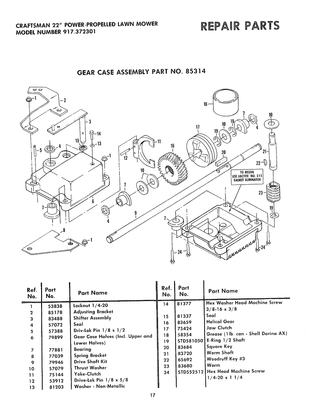 Sears 917.372301 manual Craftsman 22 Powertpropelled Lawn Mower, Part Part Name 