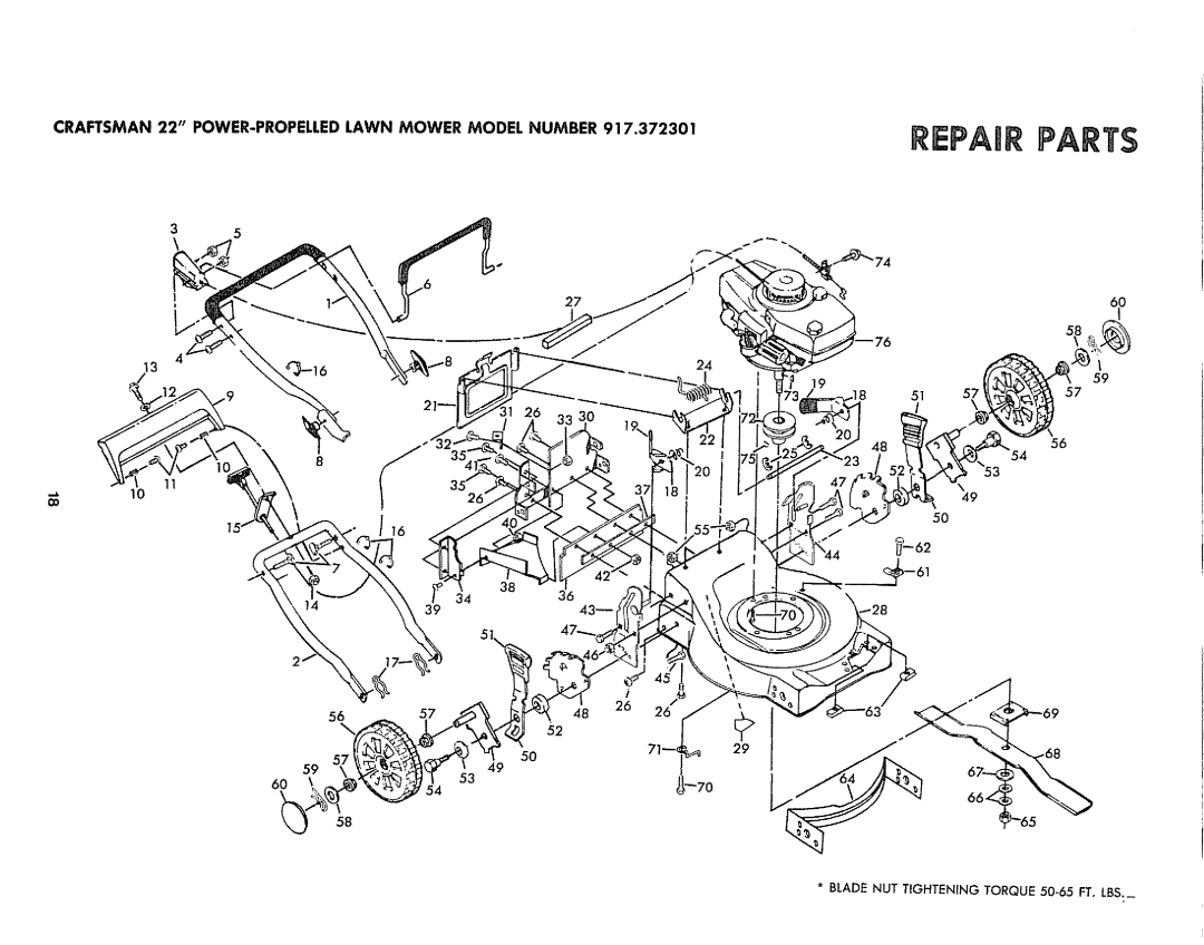 Sears 917.372301 manual Repair Parts, Craftsman 22 POWER-PROPELLED Lawn Mower Model Number 