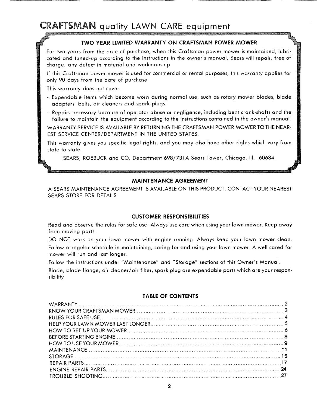 Sears 917.372301 TWO Year Limited Warranty on Craftsman Power Mower, Maintenance Agreement, Customer Responsibilities 