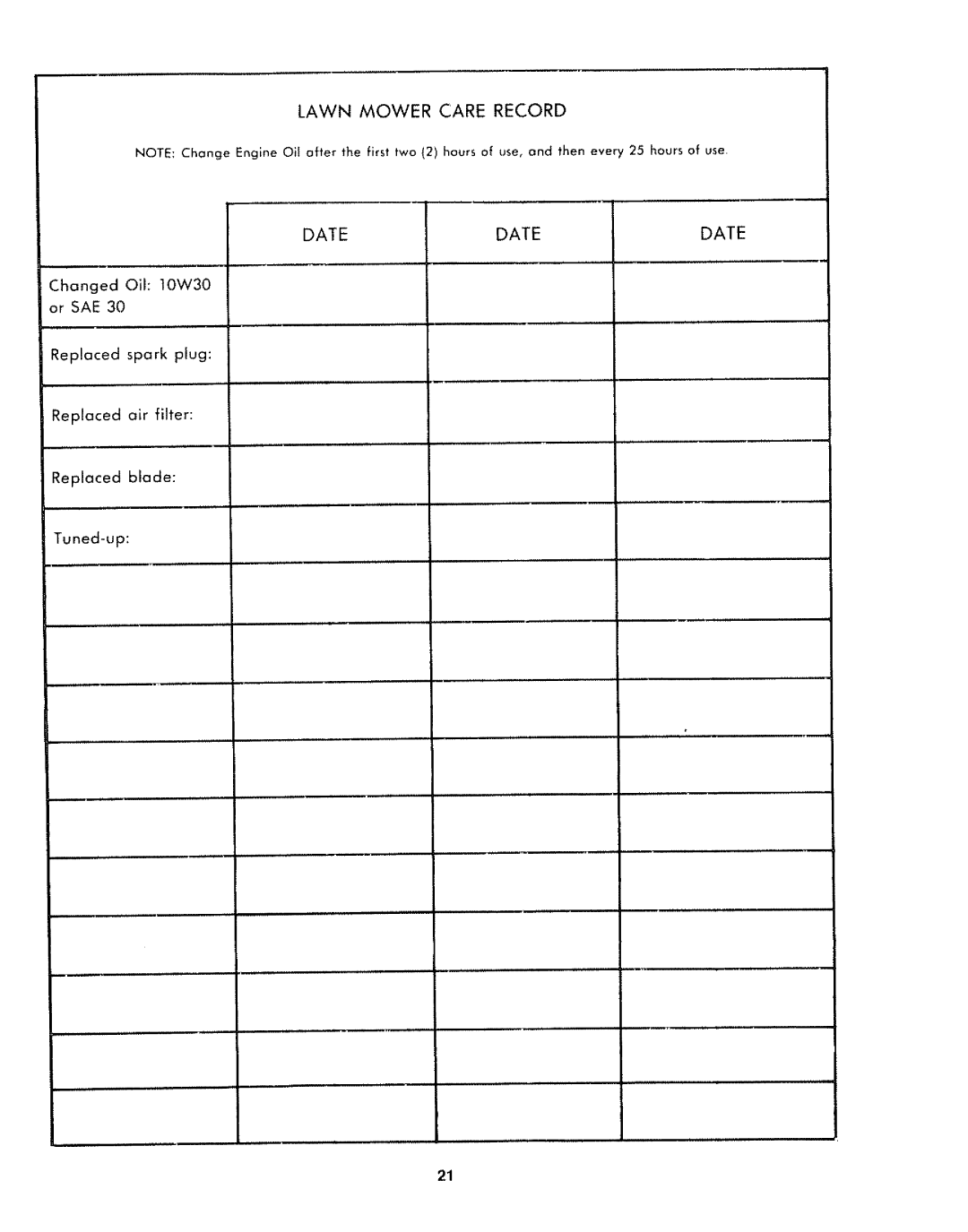 Sears 917.372301 manual Lawn Mower Care Record Datedatedate 