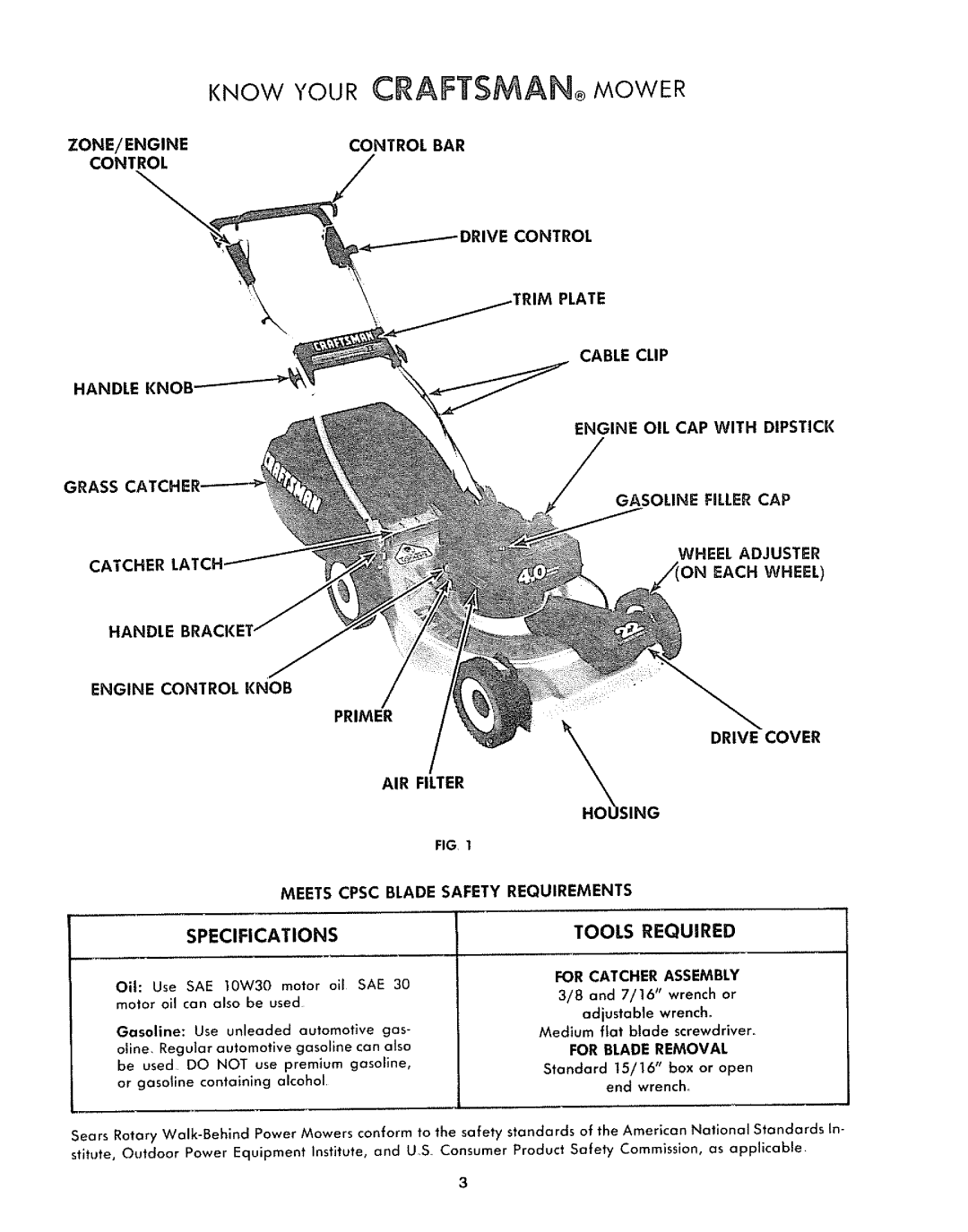 Sears 917.372301 manual Know Your Craftsman Mower, Oil Use SAE 10W30 motor oil SAE 