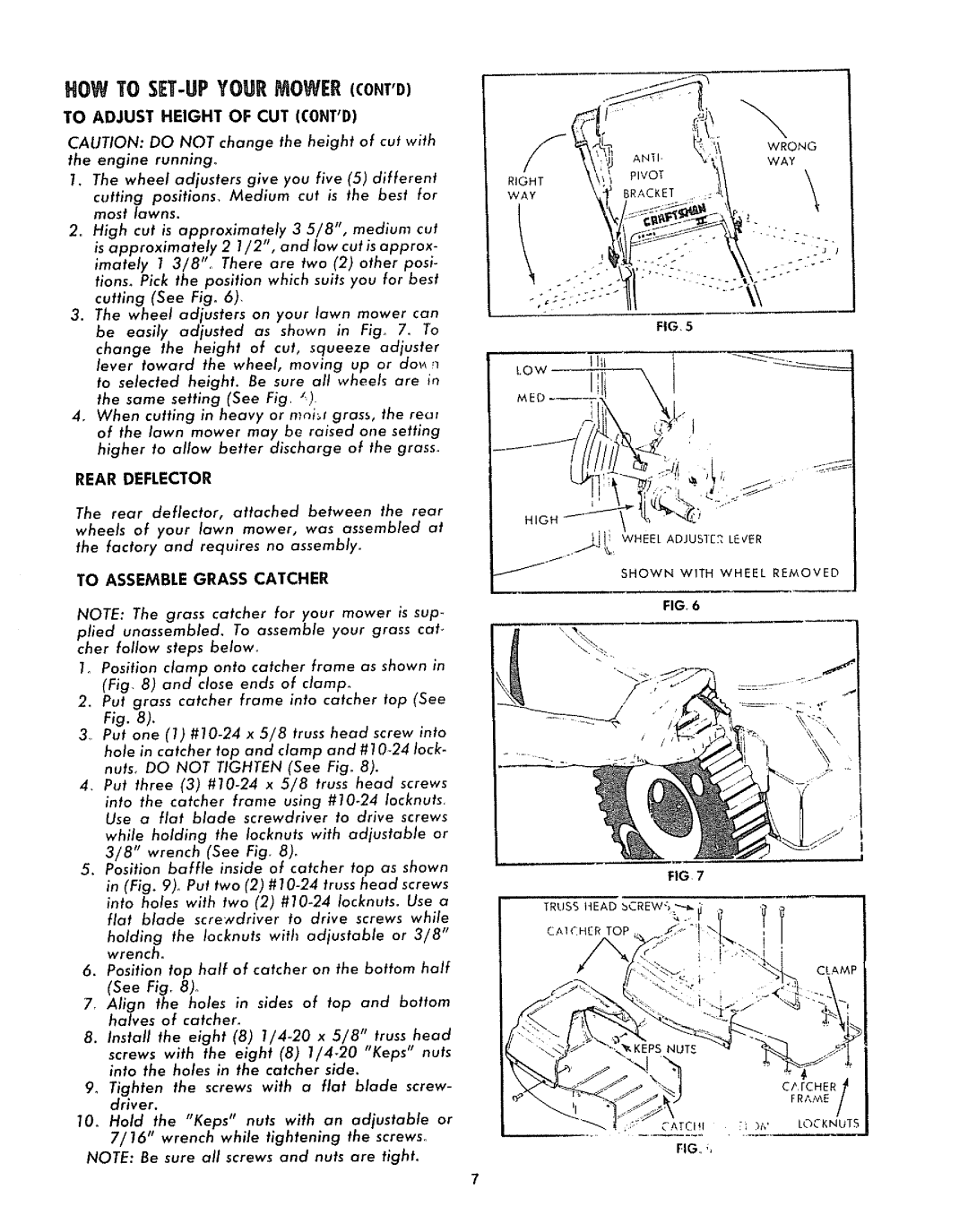 Sears 917.372301 manual To Adjust Height of CUT Contd, Rear Deflector, To Assemble Grass Catcher 