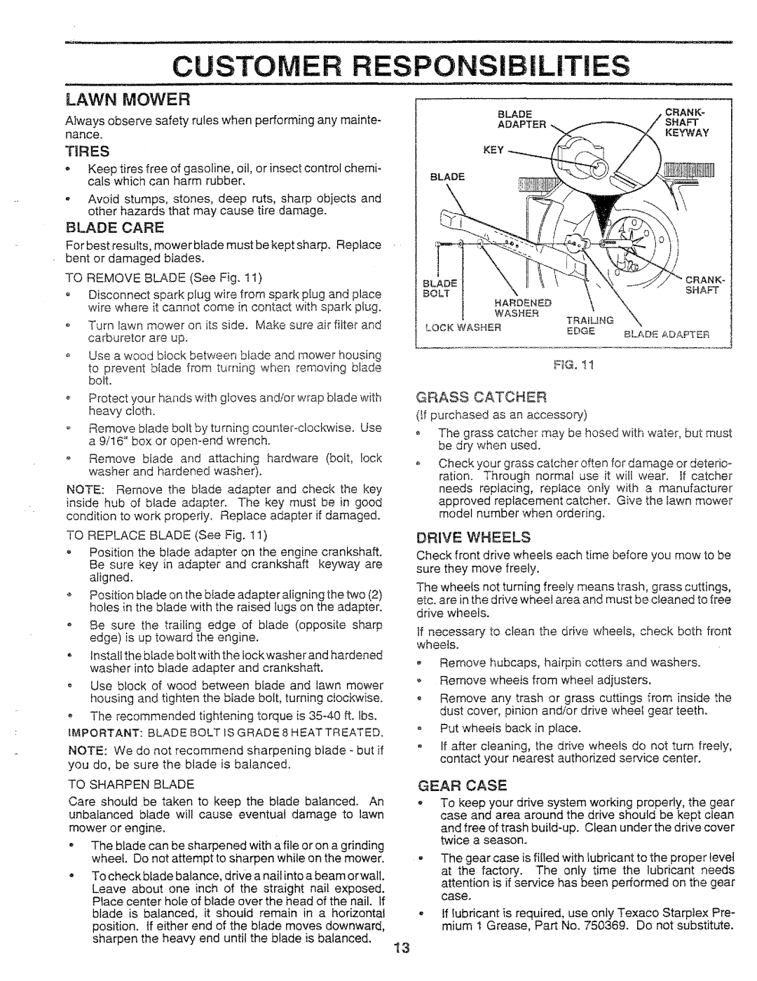 Sears 917.37283 manual Customer Responsibilities, Grass Catcher, Drive Wheels, Gear Case 