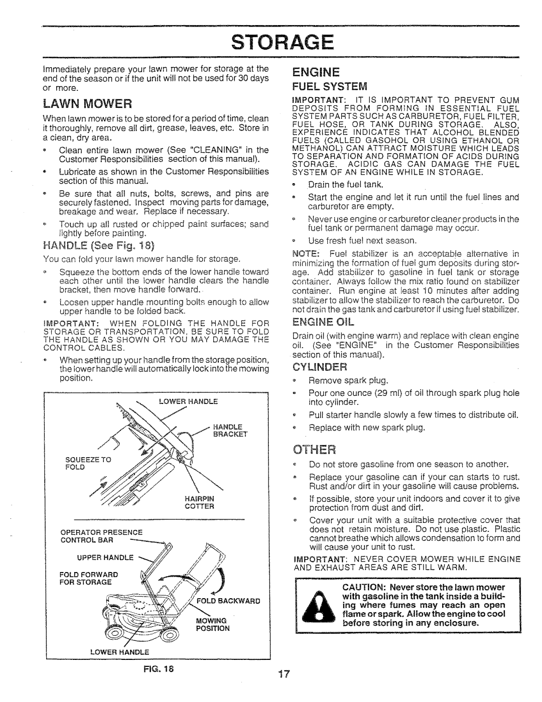 Sears 917.37283 manual Storage, Other, Handle See Fig, Fuel System, Engine OIL 