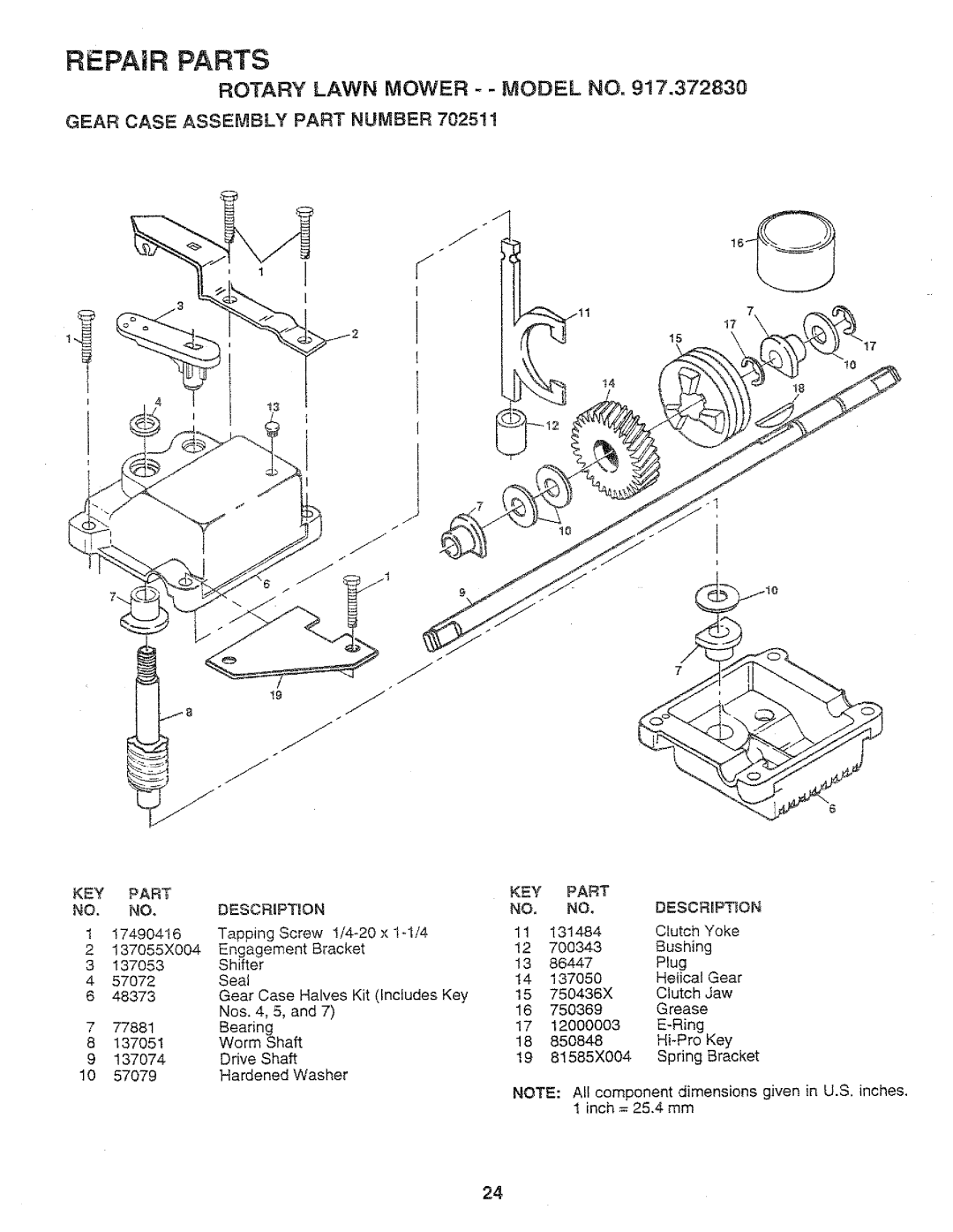 Sears 917.37283 manual Gear Case Assembly Part Number, KEY Part Description 