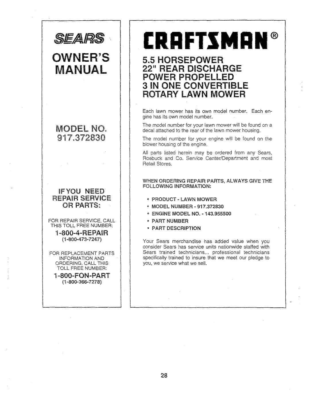 Sears 917.37283 manual Ifyou Need Repair Service or Parts, PRODUCT- Lawn Mower, Part Number 