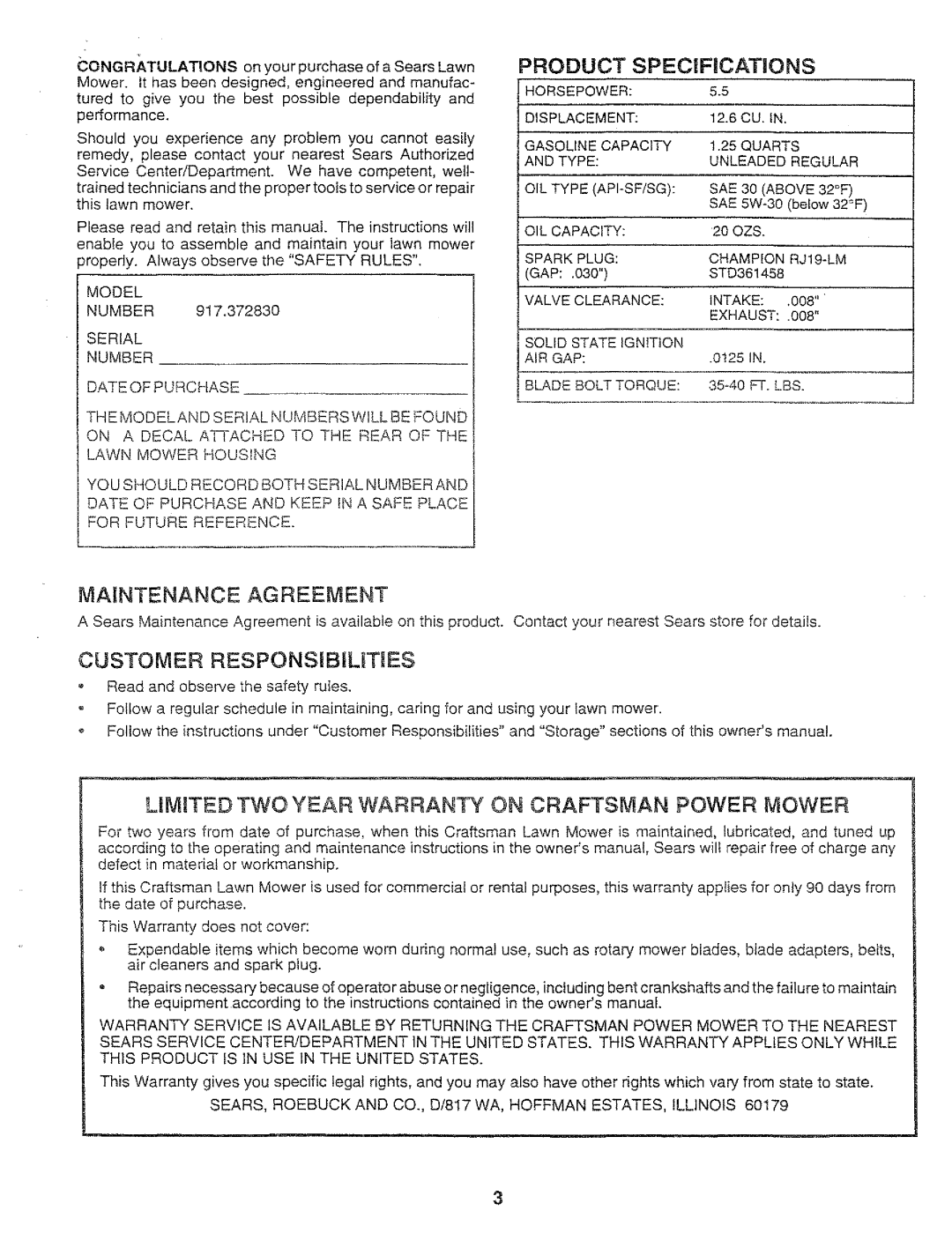 Sears 917.37283 manual Maintenance Agreement, Customer Responsibilities, Limited TWO Year Warranty on Craftsman Power Mower 