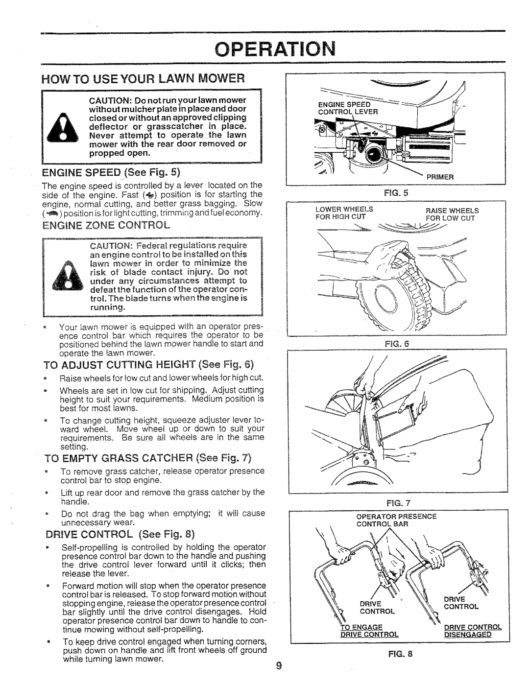 Sears 917.37283 manual Operatic, Howto Useyour Lawn Mower, Engine Speed See Fig, Engine Zone Control 