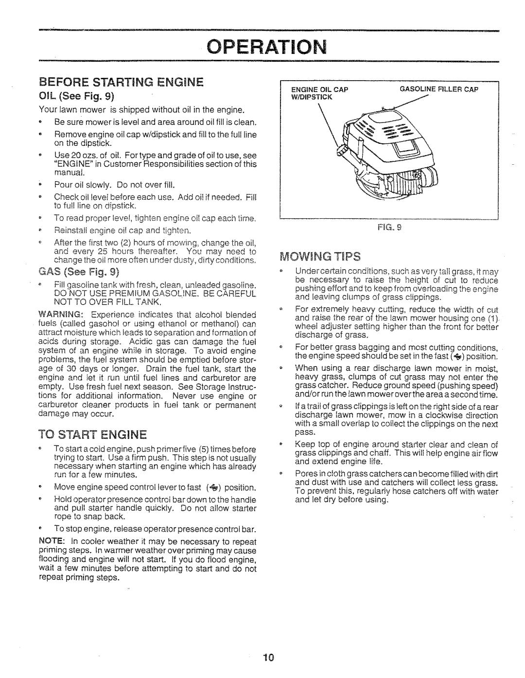 Sears 917.37283 manual Operation, Before Starting Engine, To Start Engine, Mowing Tips, GAS See Fig 