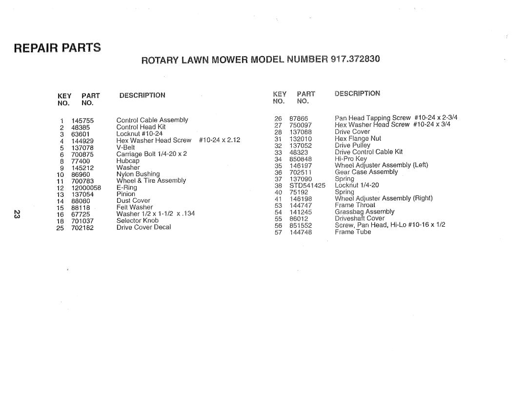 Sears 917.37283 manual Repair Parts, Key Part, DESCRiPTiON, V-BeI, Knob 