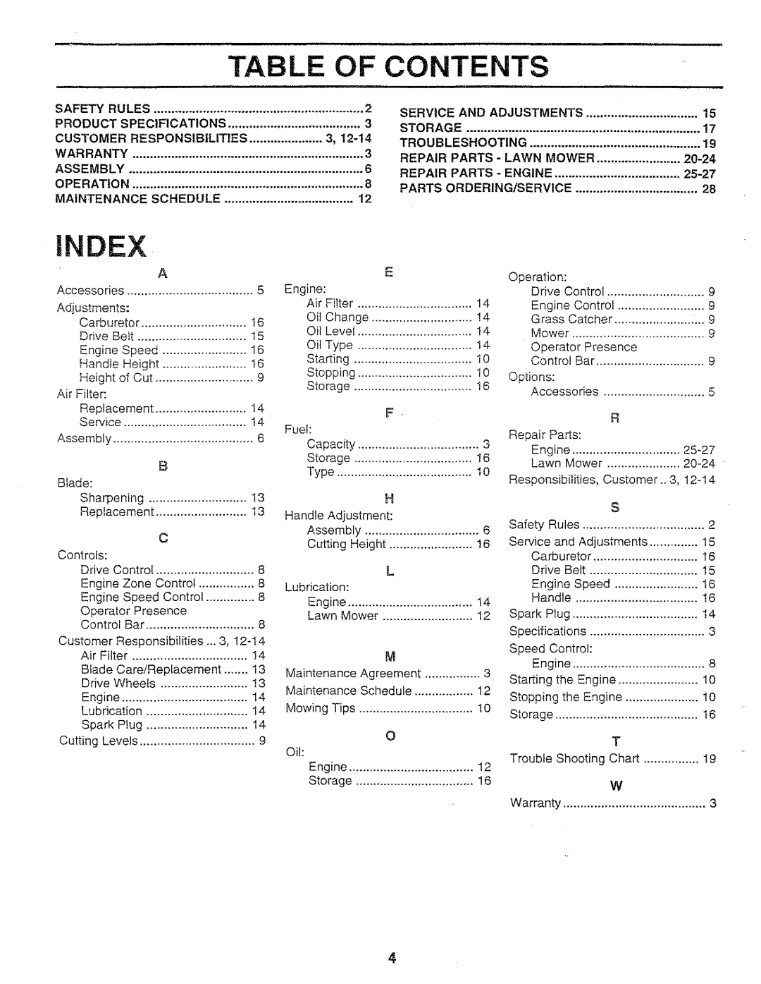 Sears 917.37283 manual Table Of Contents, Index 